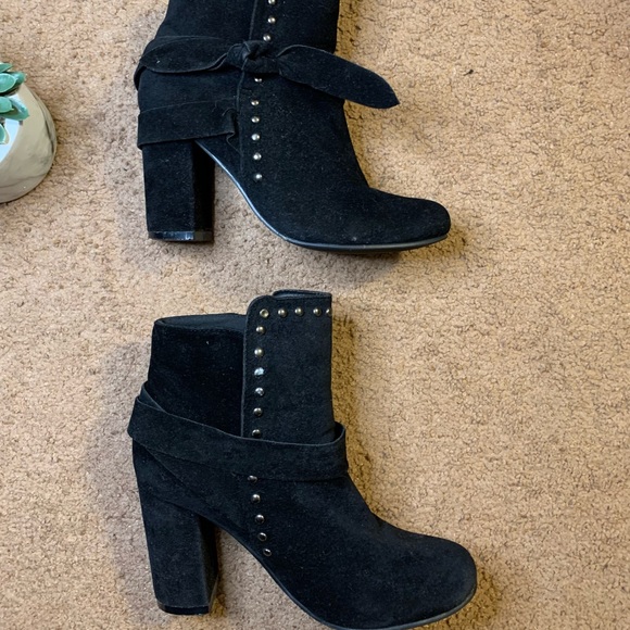 Black Studded Faux Suede Heeled Boots - Picture 5 of 10
